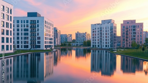 A serene urban landscape featuring modern buildings reflected in a calm body of water under a colorful sunset sky.