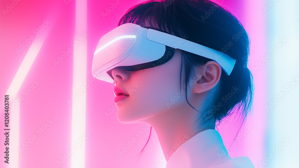 未来的な空間でVRを体験する日本人女性 未来的な空間でVRを体験する日本人女性