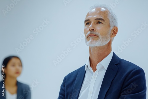 A thoughtful senior businessman in a blue suit, looking upward, possibly in contemplation or listening attentively. photo