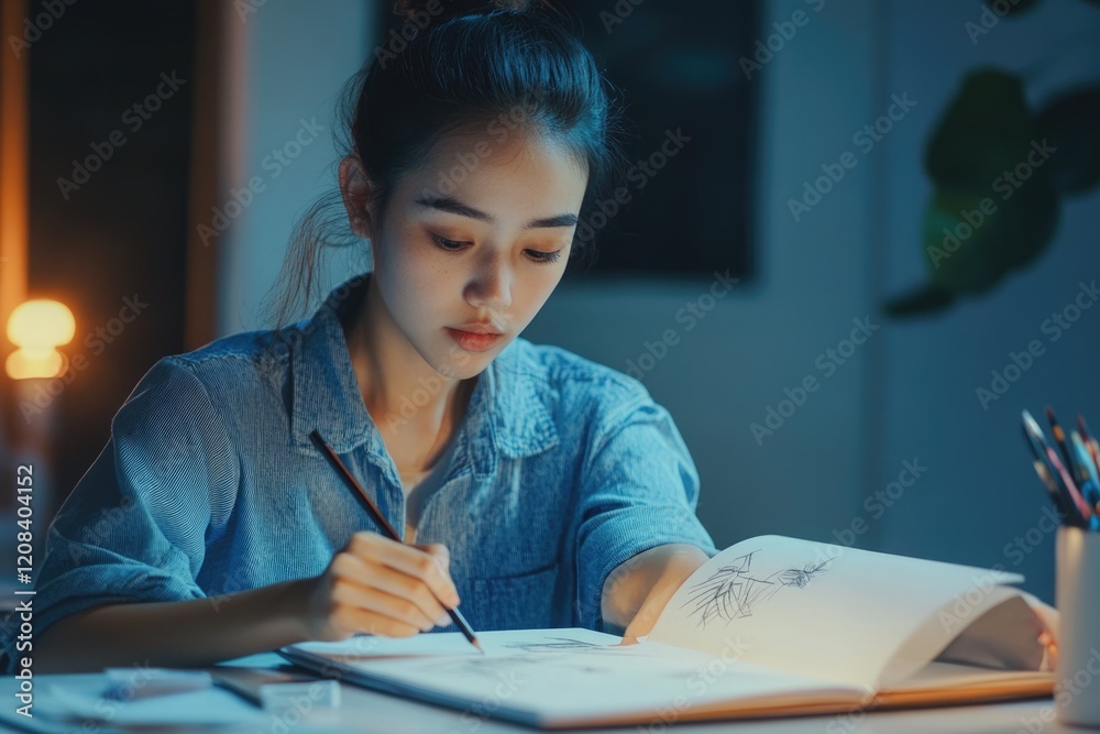 A young woman is diligently sketching in her notebook, engrossed in her creative process. A young woman is diligently sketching in her notebook, engrossed in her creative process.