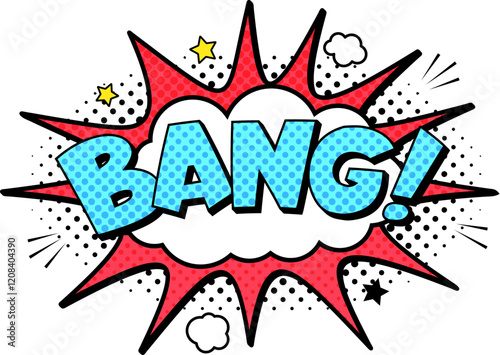 Comic book explosion with the word bang making a sudden loud noise with a burst of smoke and halftone dots, suitable for comics, cartoons and graphic novels