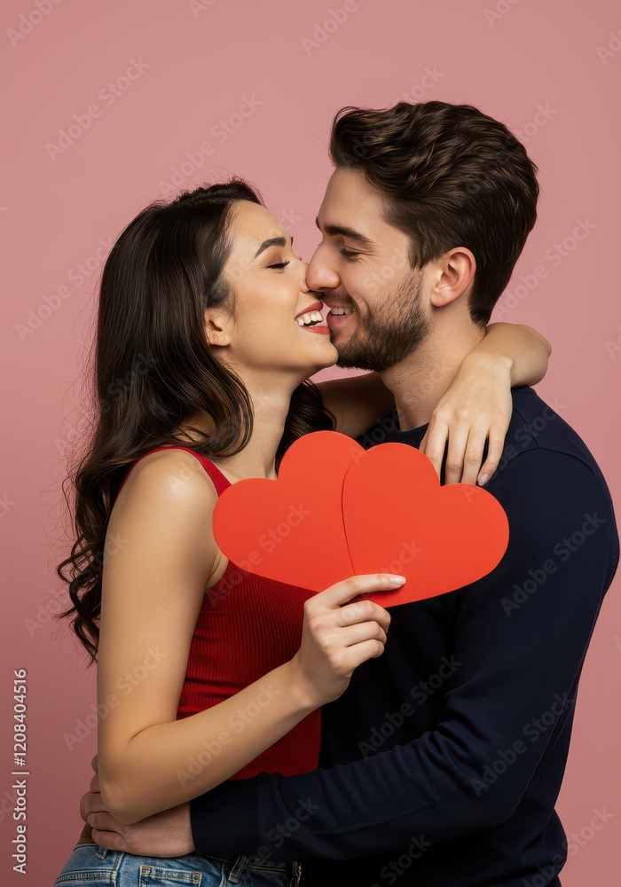 Couple in love holding hearts-cards on pink background. Romance and atmosphere of Valentine's Day Couple in love holding hearts-cards on pink background. Romance and atmosphere of Valentine's Day