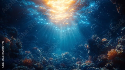 Sunbeams illuminate underwater coral reef scene.