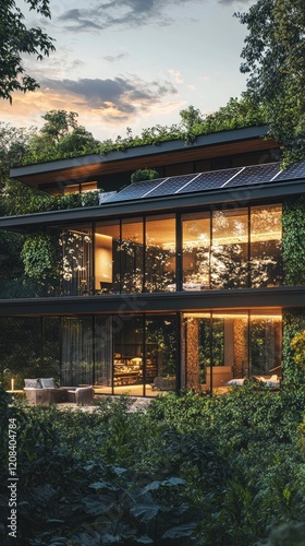 A modern eco-friendly house with large glass walls surrounded by lush greenery and solar panels, warm sunset tones, high quality photo