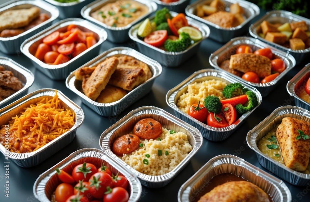 Eco-friendly lunch boxes ready for delivery. Various prepared meals in aluminum containers. Healthy, tasty corporate lunch options. Food packed, ready to go. Vegetarian, non-vegetarian choices. Ideal Eco-friendly lunch boxes ready for delivery. Various prepared meals in aluminum containers. Healthy, tasty corporate lunch options. Food packed, ready to go. Vegetarian, non-vegetarian choices. Ideal
