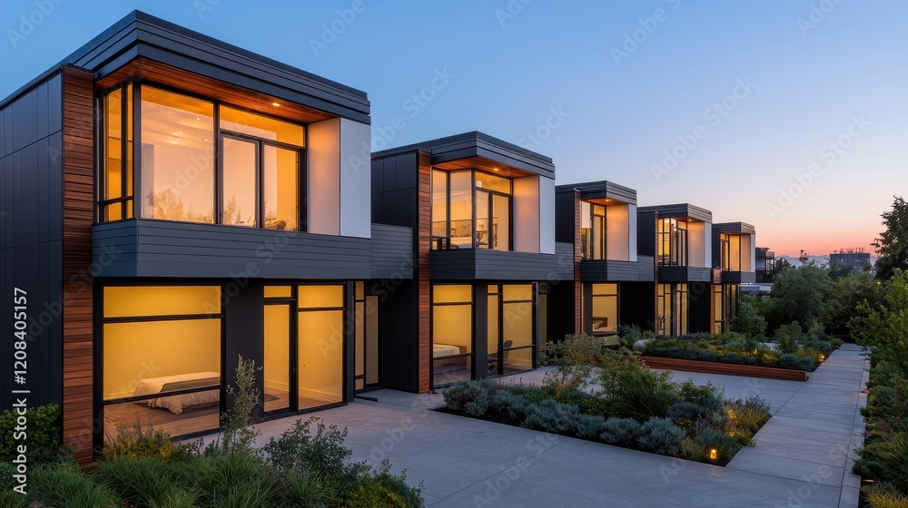 Obraz premium Modern townhouses with large windows and warm lighting, surrounded by greenery at dusk.