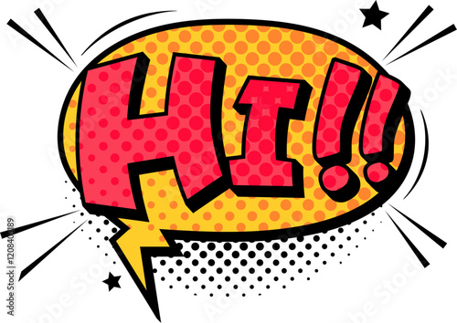 Colorful comic book explosion featuring a new character greeting with a cheerful hi, surrounded by vibrant stars and playful dots in a dynamic background