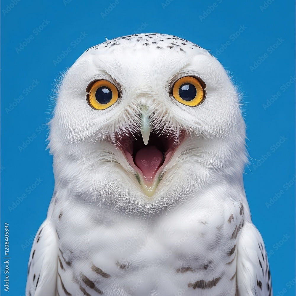 Obraz premium Shocked polar owl with open mouth on a blue background. Generated AI