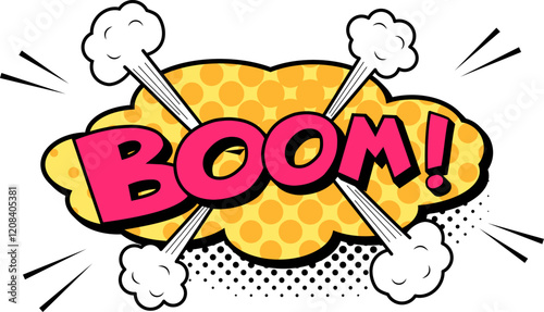 Colorful boom explosion comic book cloud with halftone dots, smoke clouds and speed lines radiating outwards, embodying the energy and impact of a sudden burst or surprising event