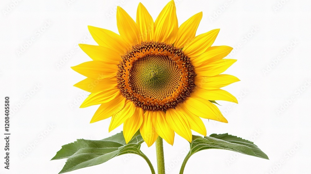 Naklejka premium Vibrant Sunflower Bloom with Bright Yellow Petals and Green Leaves