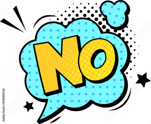 Bold yellow letters forming the word no sit inside a light blue speech bubble adorned with halftone dots, vividly conveying disagreement and refusal in a dynamic comic book style