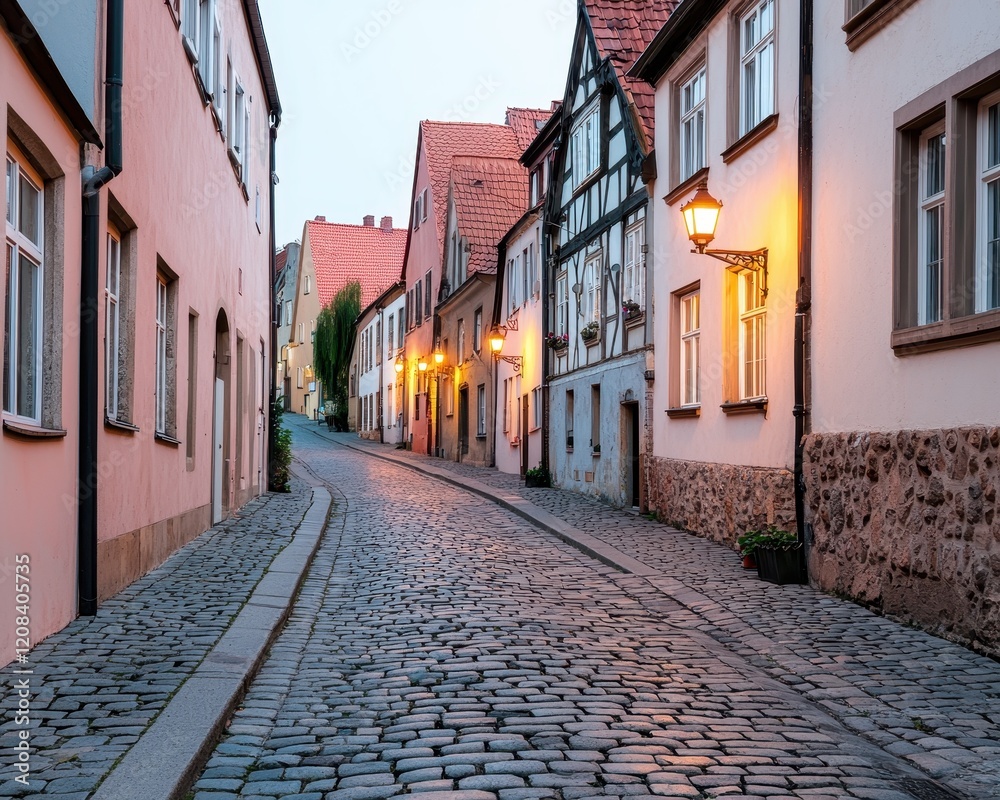 Fototapeta premium A quaint, cobblestone street lined with charming houses, illuminated by warm street lamps at dusk.