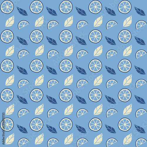 Stylized seamless pattern of lemon slices, citrus wedges and decorative white orange leaves on a blue background. Vector illustration in flat style for wallpaper, textile and print design.