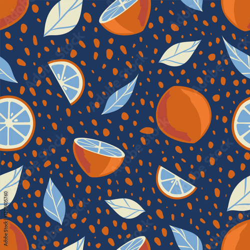 Seamless pattern of whole oranges, citrus slices and decorative white leaves on a dark blue background with a dotted texture. Vector illustration of wallpaper, textile and print design in flat style