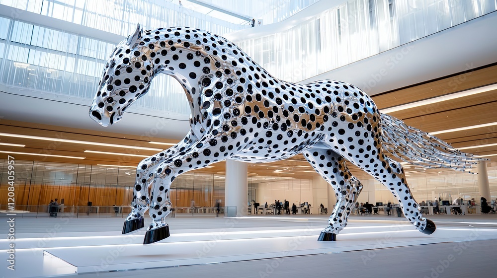 Fototapeta premium Diamondencrusted Horse Galloping Through Modern High Fidelity Space Dynamic Art Installation Futuristic Environment Artistic Perspective