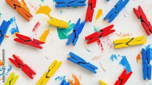 Colorful clothespins scattered on paint-splattered canvas, craft background