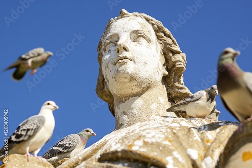 Pigeons on a statue, illustrating the impact of bird droppings on monuments and urban environment pollution. photo