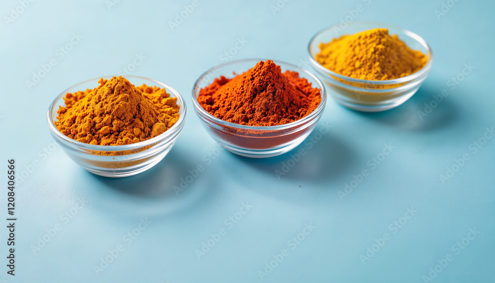Glass Bowls with Turmeric Powder, Paprika, and Curry Powder on Light Blue Background: Antioxidant-Rich Spices for Anti-Inflammatory Wellness Glass Bowls with Turmeric Powder, Paprika, and Curry Powder on Light Blue Background: Antioxidant-Rich Spices for Anti-Inflammatory Wellness