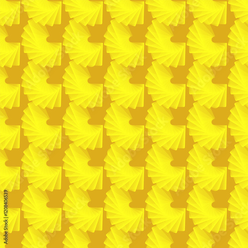 Seamless pattern of layered yellow fan shapes with radial design on a mustard yellow background. Abstract vector illustration for wallpaper, textile, and print design