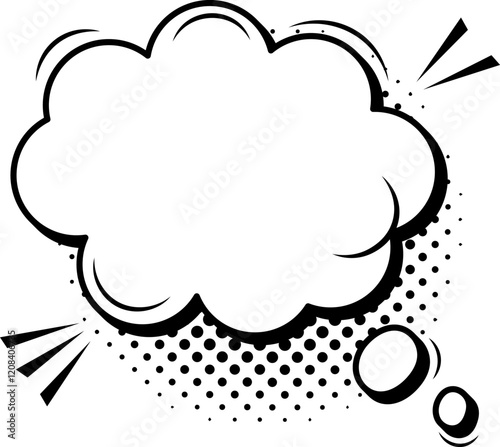 Empty thought bubble with halftone shadow and speed lines is waiting to be filled with a message, quote or idea in a comic book or graphic novel