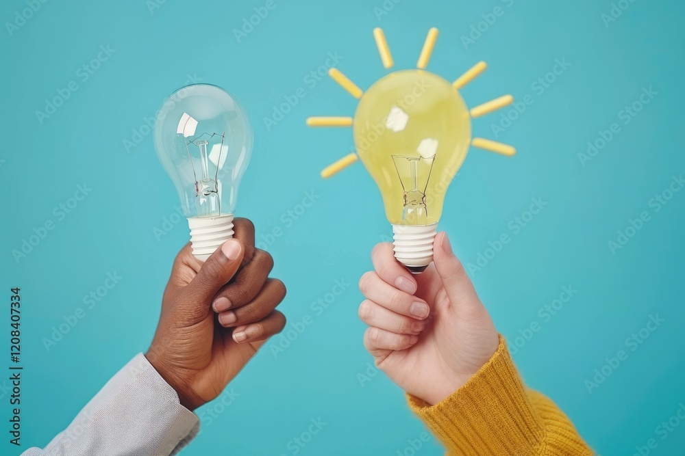 Two hands holding light bulbs against a blue background. Two hands holding light bulbs against a blue background.