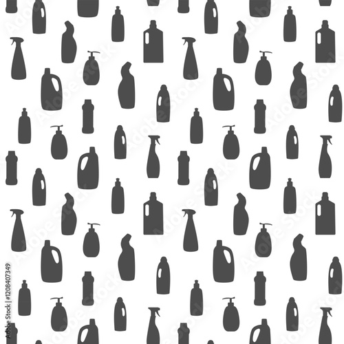 Cleaning product bottle silhouette seamless pattern. Various Detergent chemical cleanser container background. Simple black Household cleanup products for package wallpaper wraps design and print