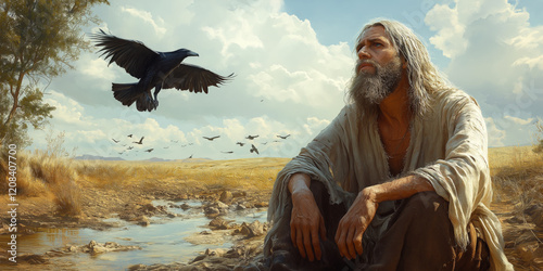 Elijah in the Drought: A Realistic Portrait of the Prophet Sitting by a Nearly Dry Creek, Surrounded by Parched Earth and Ravens, Symbolizing Divine Providence