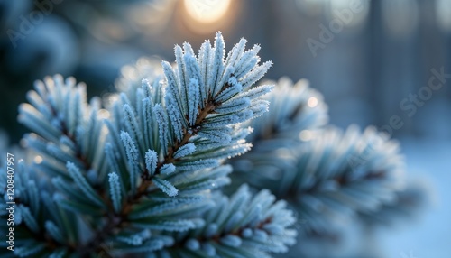 Frosted pine branch with detailed icy needles and soft sunlight in a blurred winter forest