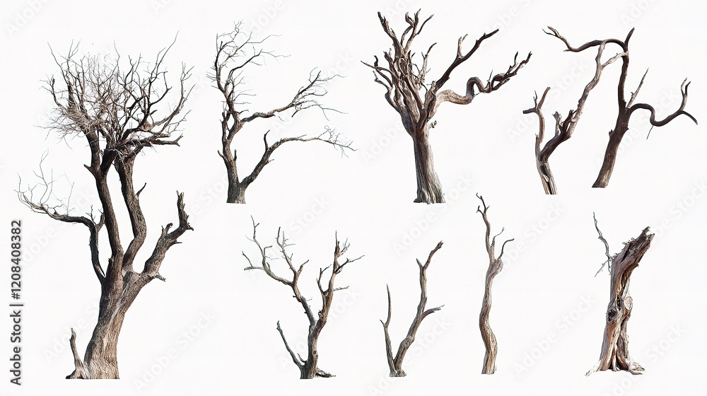 Fototapeta premium Isolated Dry Trees with Twisted Branches on White Background
