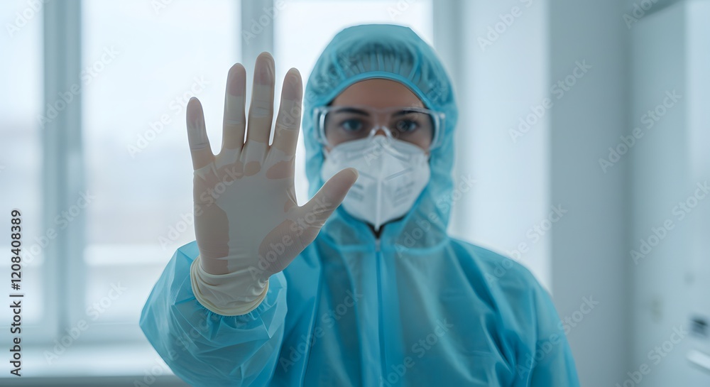 Naklejka premium Medic in Hazmat Suit Making Stop Gesture During Virus Quarantine – Concept of Global Epidemic and Infection Control