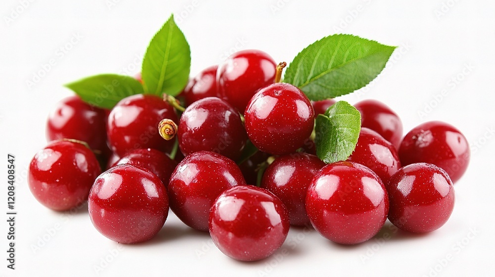 Bright Red Cherry Isolated on White Background with Leaves Bright Red Cherry Isolated on White Background with Leaves