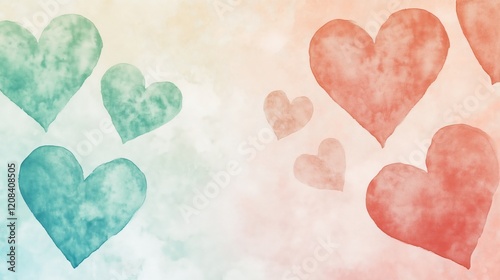 Colorful heart shapes create a whimsical backdrop in a soft, blended pastel style perfect for romance and celebration