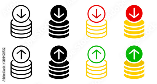 Coin stack with arrow up and down icon. Price up sign. Cent coin graph symbol. Money cost arrow growth, decline illustration. Currency investment pictogram.