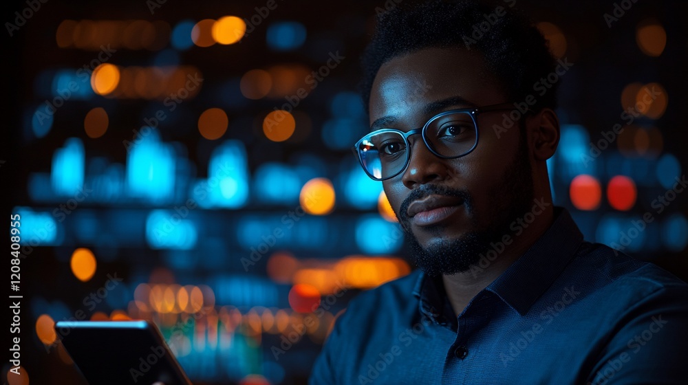 Focused young man using tablet in dark room. Focused young man using tablet in dark room.