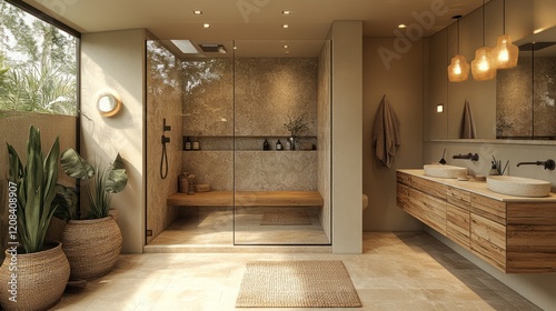 Luxurious modern bathroom with walk-in shower, wooden vanity, and plants. Ideal for interior design websites photo