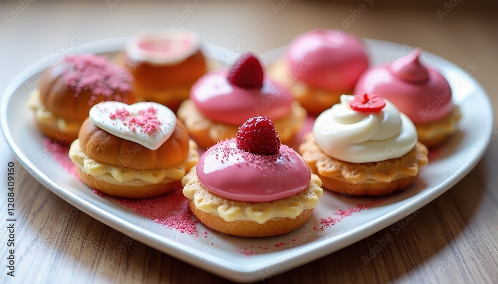 Delicate Pastries on a White Plate Drenched in Colorful Icing at a Vibrant Bakery Setting Delicate Pastries on a White Plate Drenched in Colorful Icing at a Vibrant Bakery Setting