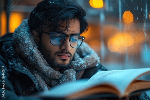 A person sitting in the snow, engrossed in a book