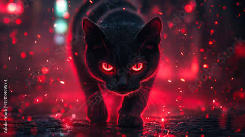 Black cat walking with glowing red eyes in a dark city street