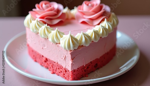 Heart-Shaped Cake with Pink Frosting and White Meringue on a Plate Against Blurred Background photo