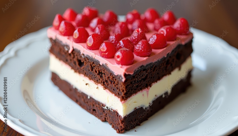 Sumptuous Brownie with Bright Red Cherries on a White Plate Against a Blurred Background Sumptuous Brownie with Bright Red Cherries on a White Plate Against a Blurred Background