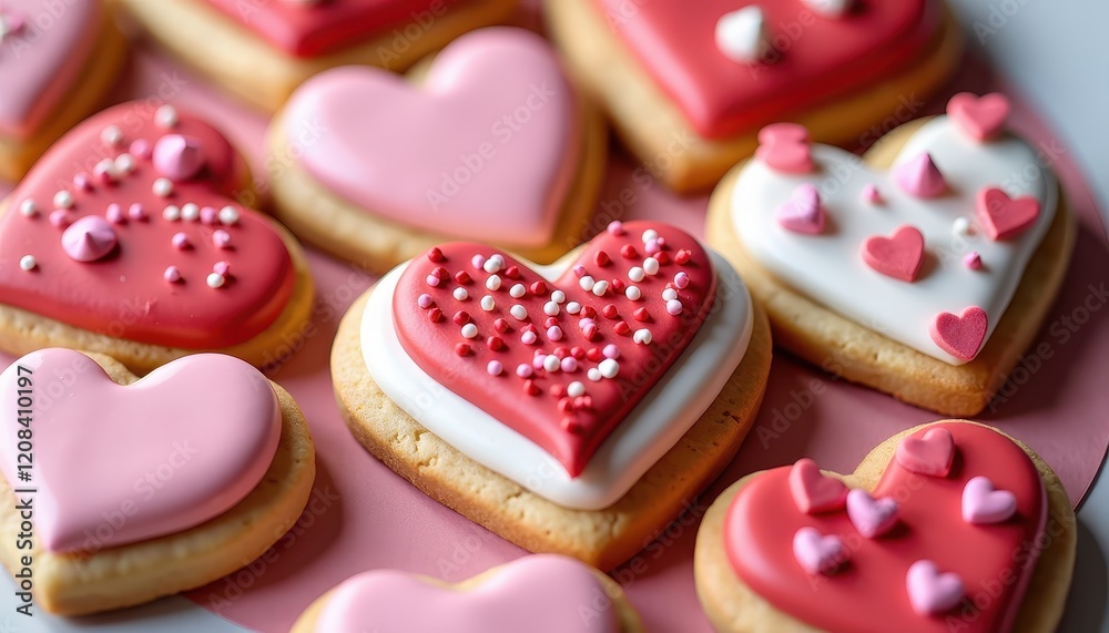 Heart-Shaped Sugar Cookies Decorated with Sweet Icing and Sprinkles Heart-Shaped Sugar Cookies Decorated with Sweet Icing and Sprinkles