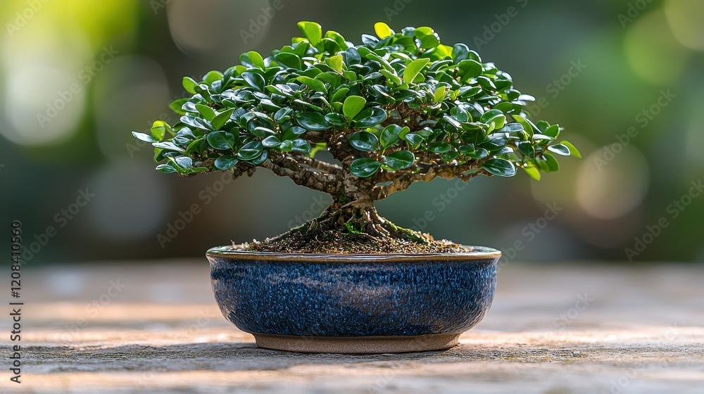 Lush green bonsai tree in a blue ceramic pot, sitting on a stone surface with a blurred green background. Lush green bonsai tree in a blue ceramic pot, sitting on a stone surface with a blurred green background.