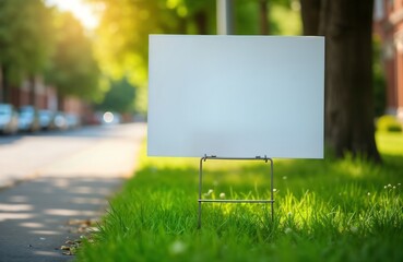 Blank yard sign in green grass near city street. Sunny day provides perfect backdrop for advertising information. Blank sign mockup offers versatile marketing opportunities. Bright summer day