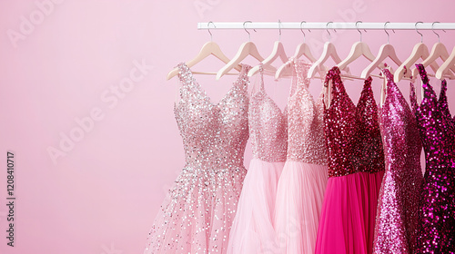 Exquisite collection of sparkling dresses displayed on hangers against a pink backdrop in a boutique setting