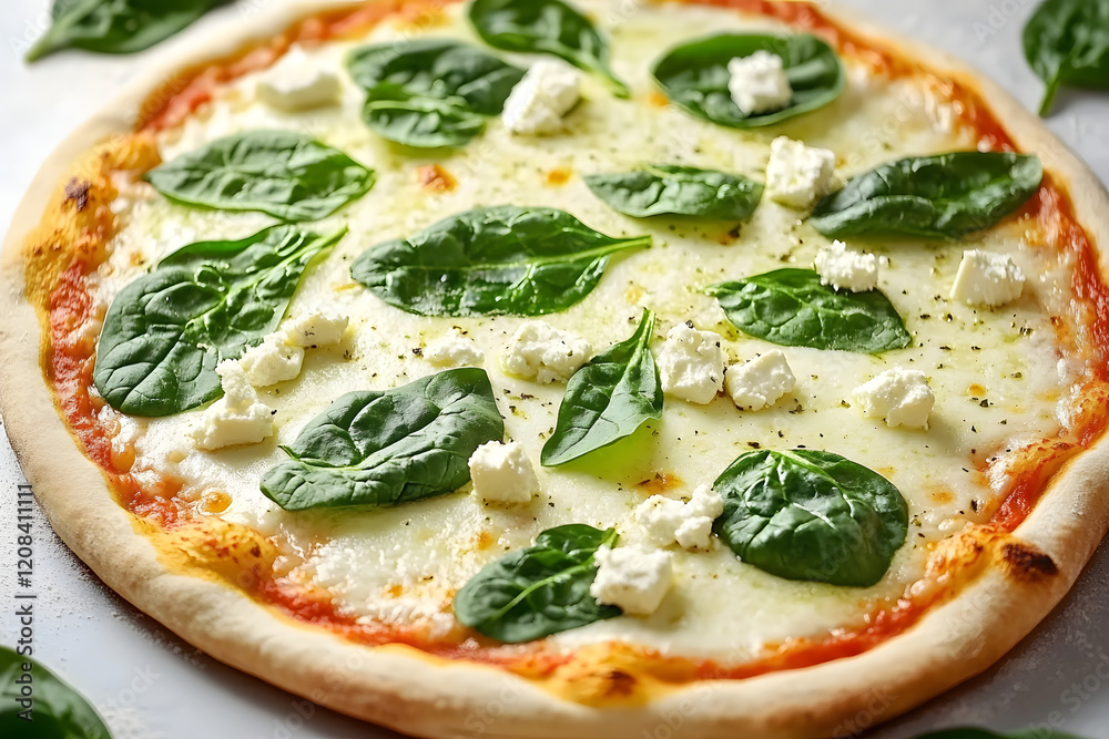 Fresh spinach and feta cheese pizza on white surface.