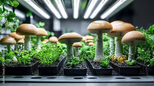 Indoor mushroom cultivation under grow lights.