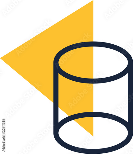 Minimalist image featuring a dark blue outlined cylinder partially overlaid by a vibrant yellow triangle, creating a modern and abstract composition