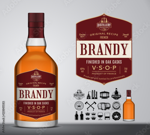 Vector brandy label template. Brandy glass bottle mockup. Distilling industry branding and identity design elements