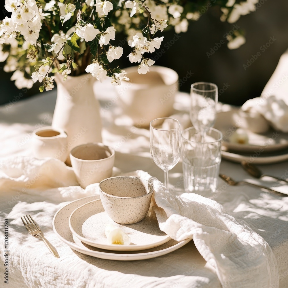 A table is set with white plates, bowls, and glasses A table is set with white plates, bowls, and glasses