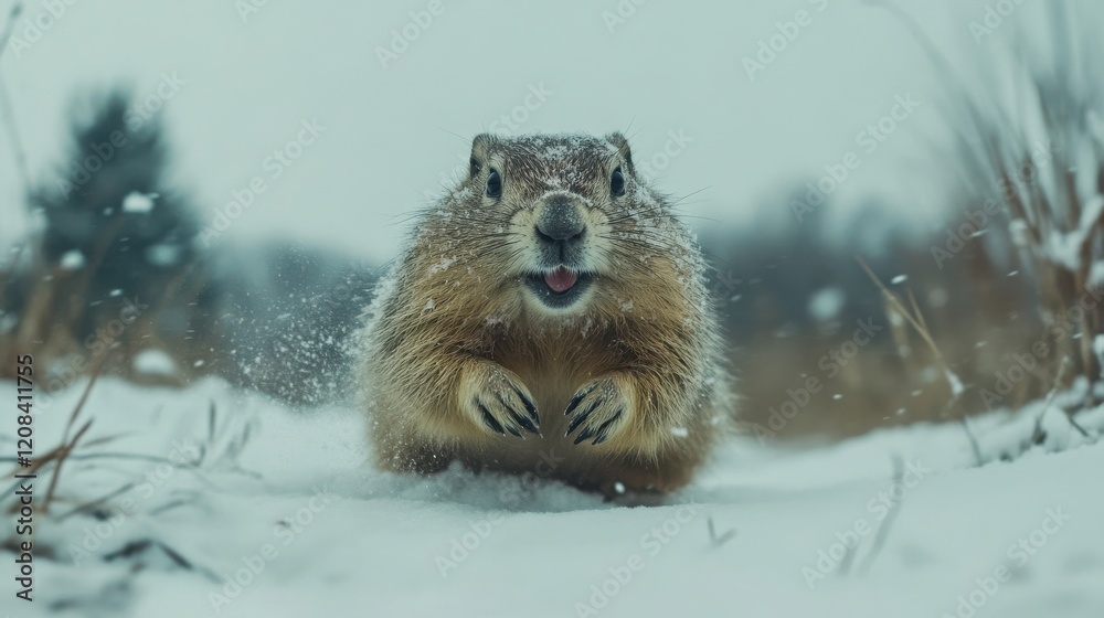 Fototapeta premium A groundhog peeking out of its burrow on Groundhog Day, gazing at the sky, creating an atmosphere of winter celebration and folk tradition